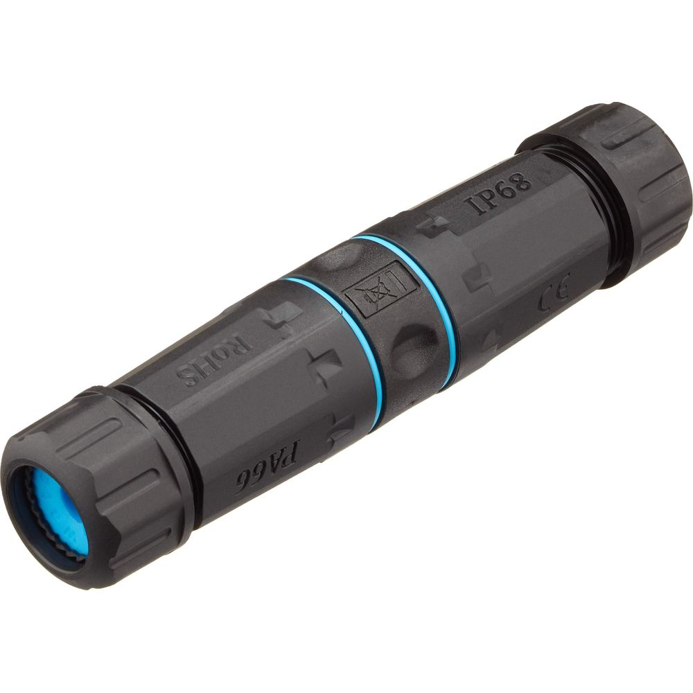 Connettore impermeabile nero con anelli blu e marchi come IP68.