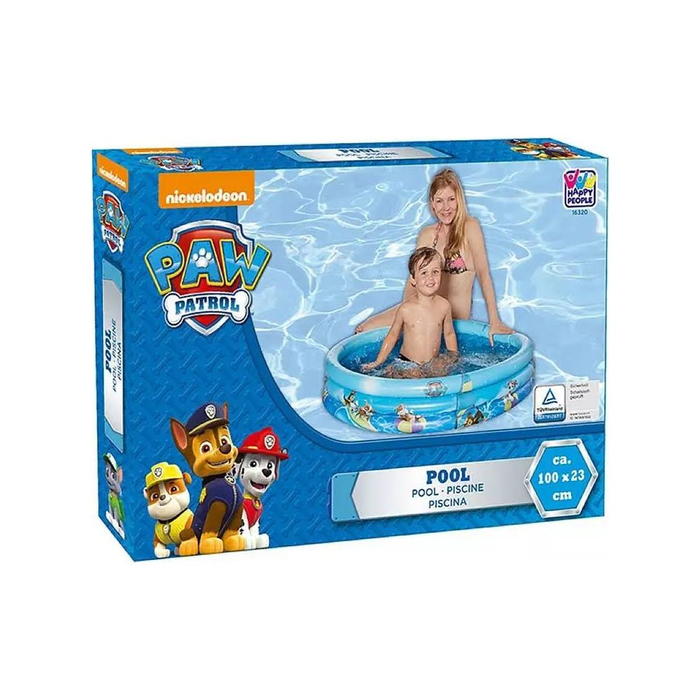Verpackung eines Paw Patrol Planschbeckens mit Frau und Kind.