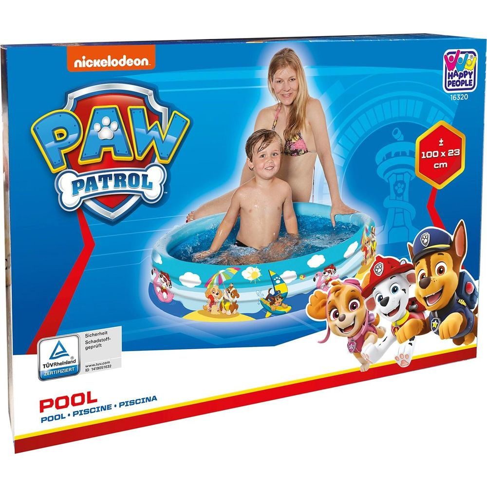 Junge und Frau in aufblasbarem Paw Patrol Pool mit Figuren. Maße: 100x23cm.