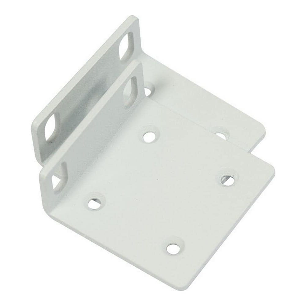 Dwa białe kątowniki z otworami owalnymi i okrągłymi.