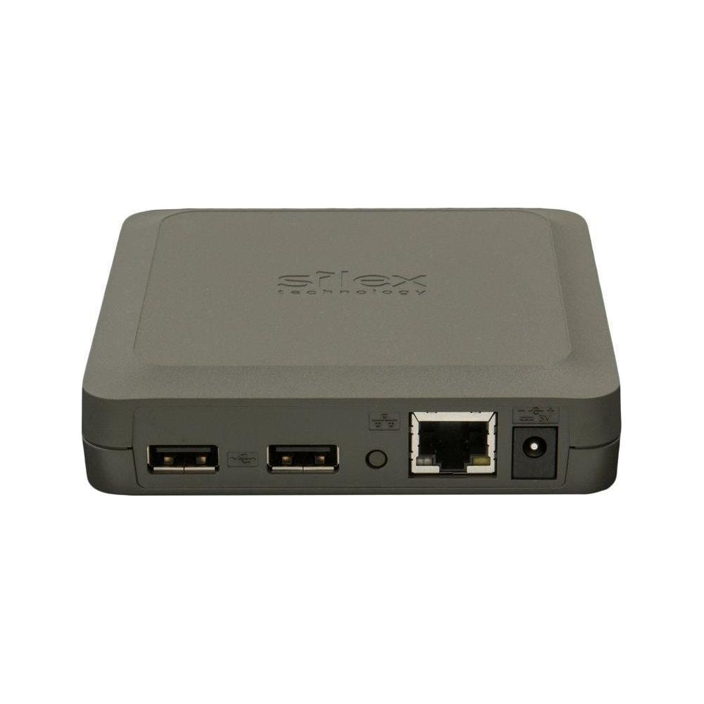 Un dispositivo Silex Technology grigio con due porte USB, una porta Ethernet e un ingresso di alimentazione.