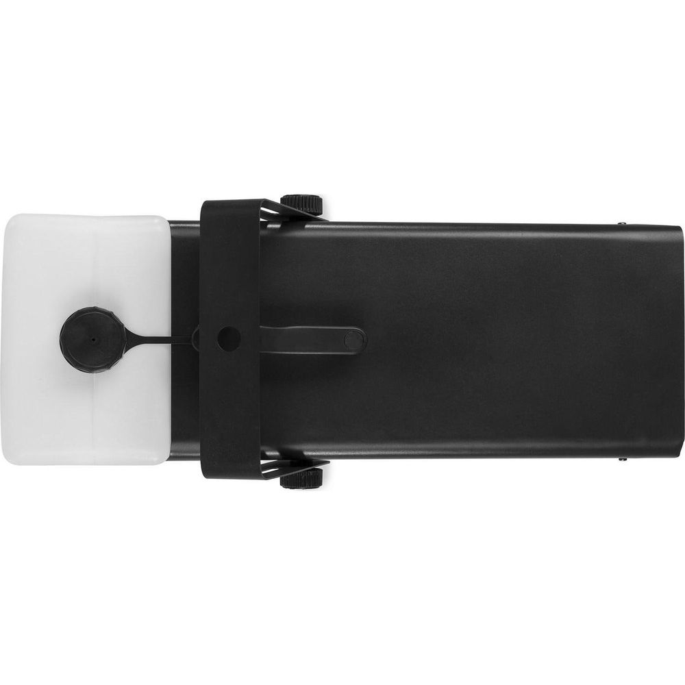 Máquina de humo negra con tanque blanco y soporte.