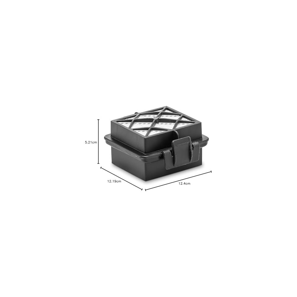 Czarny filtr o wymiarach: 5,21 cm wys., 12,19 cm szer., 12,4 cm dł.