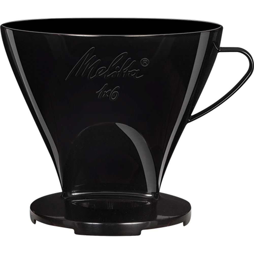 Ein schwarzer, konischer Kaffeefilter mit Griff und Melitta-Logo.