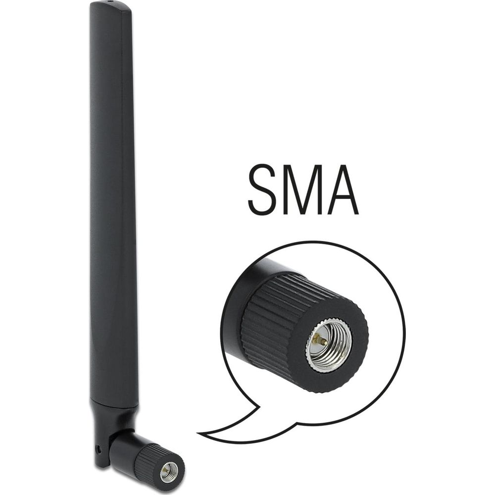 Antenna SMA nera con primo piano del connettore.