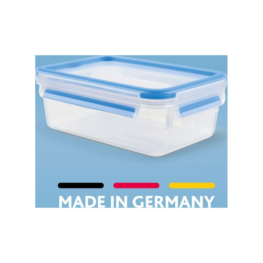 Ein transparenter Vorratsbehälter mit blauem Deckel und Verriegelungen.
