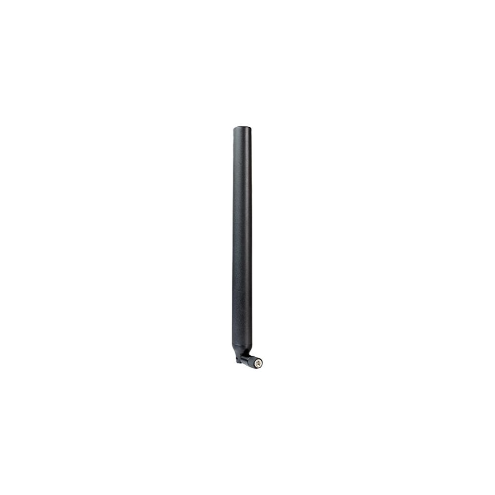 Un'antenna nera con un giunto in basso su sfondo bianco.