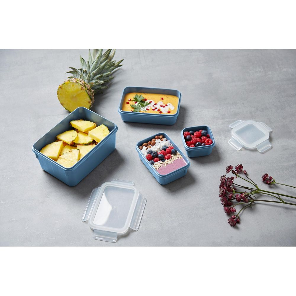 Blaue Behälter mit Ananas, Suppe, Joghurt und Beeren auf grauem Hintergrund.