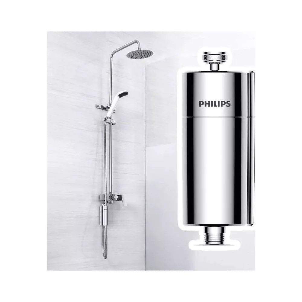 Krom duş başlığı ve Philips su filtresi.
