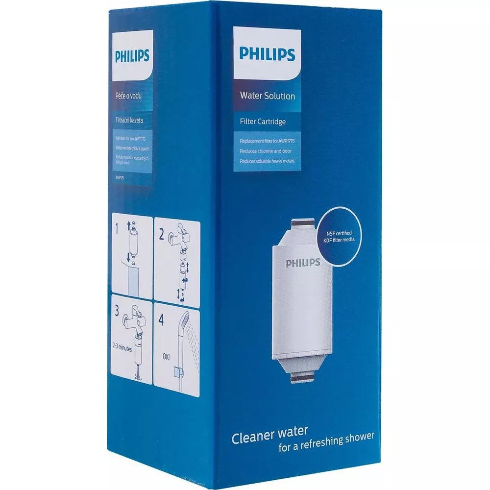 Duş filtresi ve kurulum kılavuzu gösteren mavi Philips kutusu.