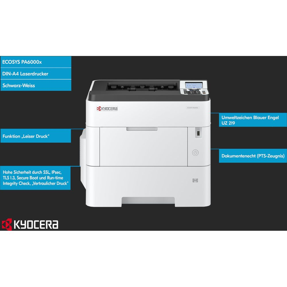 Drukarka laserowa Kyocera ECOSYS PA6000x w kolorze białym z czarnym panelem sterowania.