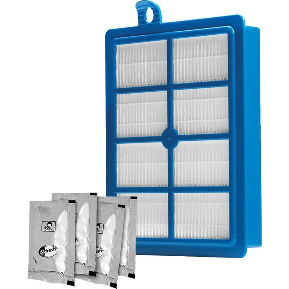 Niebieska rama filtra z białymi elementami filtrującymi i czterema małymi srebrnymi paczkami obok.