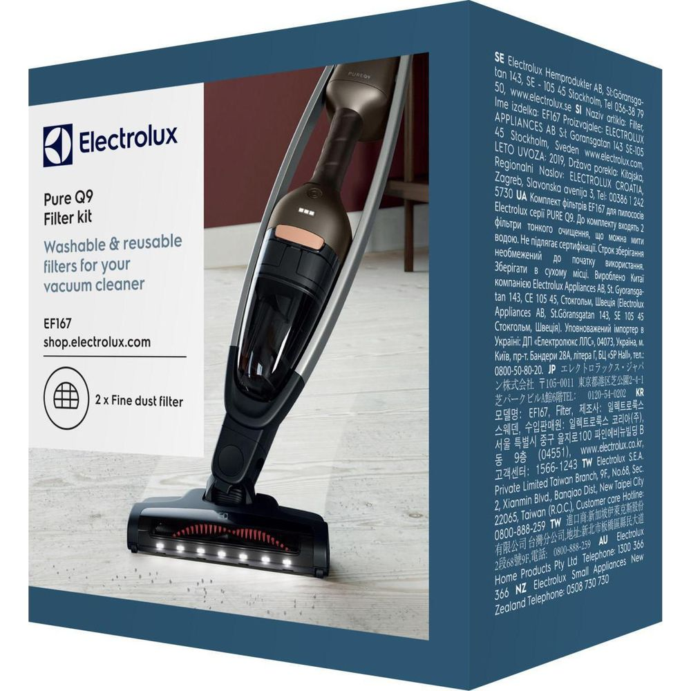 Kit filtre Electrolux Pure Q9 avec 2 filtres à poussière fine, lavables et réutilisables.