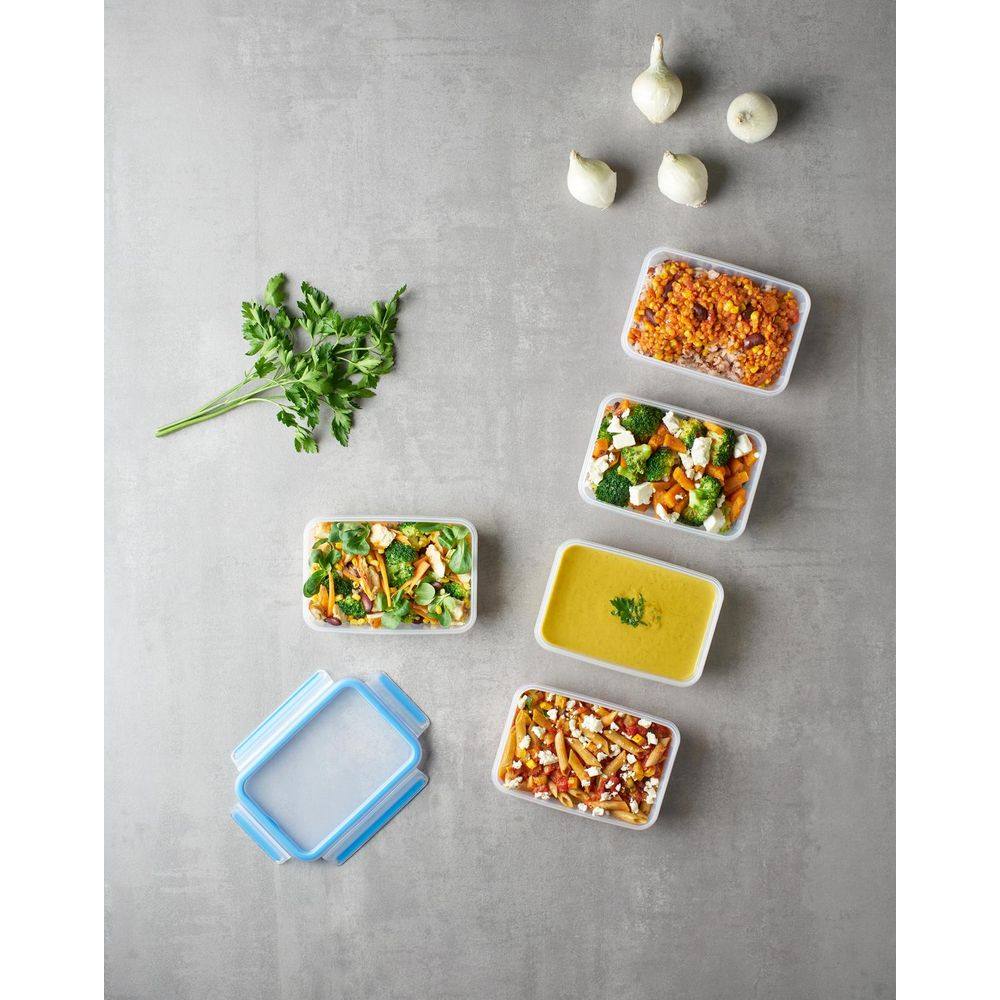 Vier Behälter mit Essen, Petersilie und Zwiebeln auf grauem Untergrund.