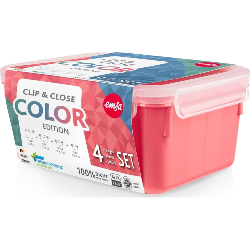 Emsa Clip & Close Color Edition Vorratsdosen-Set, 4-teilig, rot/transparent.