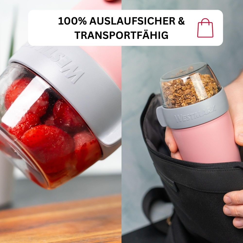 Rosa Behälter mit Erdbeeren und Müsli, 100% auslaufsicher.