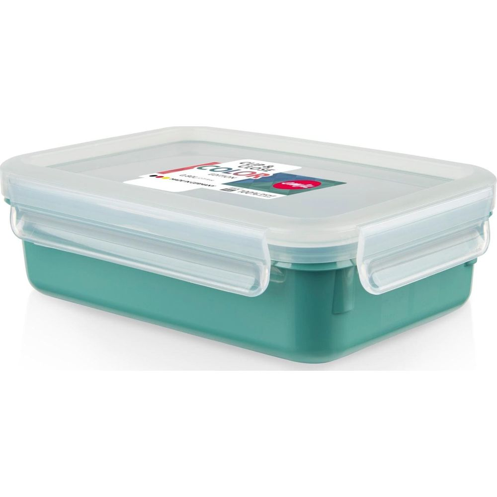 Ein rechteckiger, türkisfarbener Lunchbox-Behälter mit transparentem Deckel und Clips.