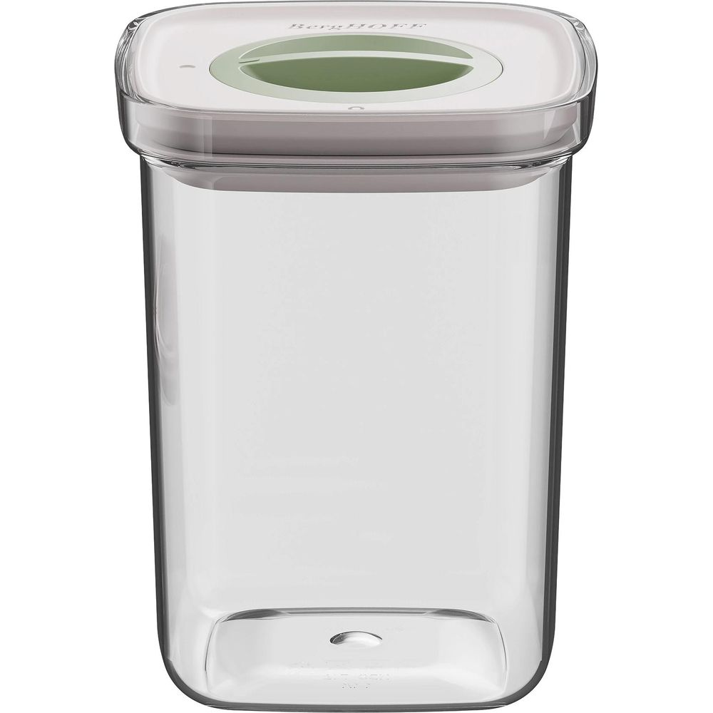 A clear food container with a white lid and a green insert.
