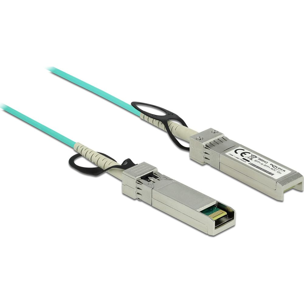 Due cavi SFP+ AOC con cavi turchesi e connettori argentati su sfondo bianco.