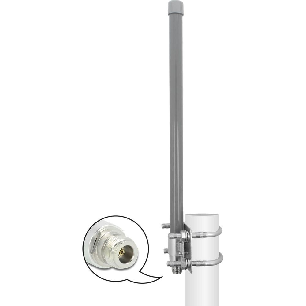 Palo antenna grigio con morsetto metallico su palo bianco. Dettaglio di un connettore.