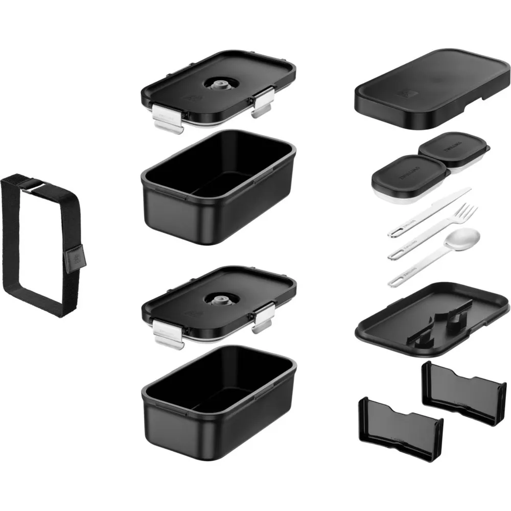 Schwarzer Lunchbox-Satz mit Behältern, Deckeln, Besteck und Tragegurt.