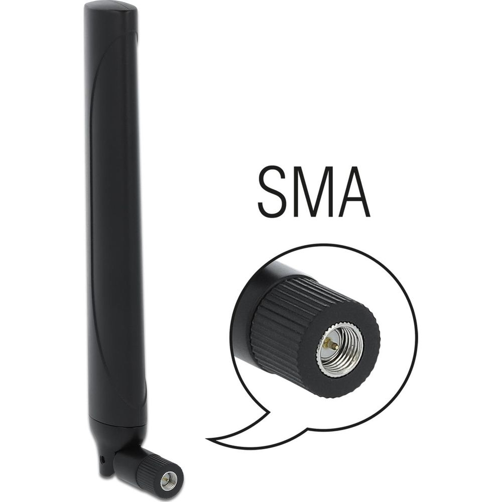 Antenna nera con connettore SMA. Primo piano dell'estremità filettata.