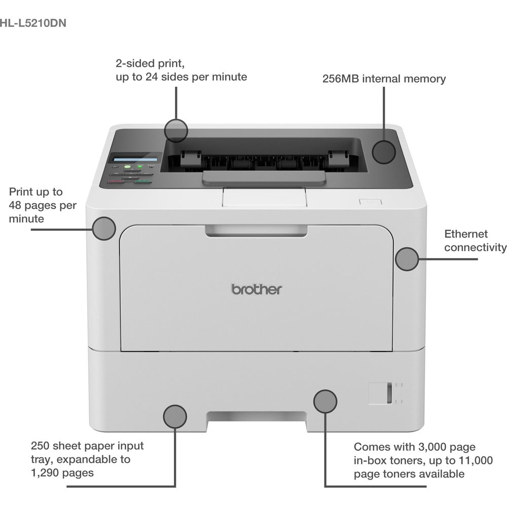 Stampante Brother HL-L5210DN: 48 ppm, fronte-retro, memoria 256MB, Ethernet.