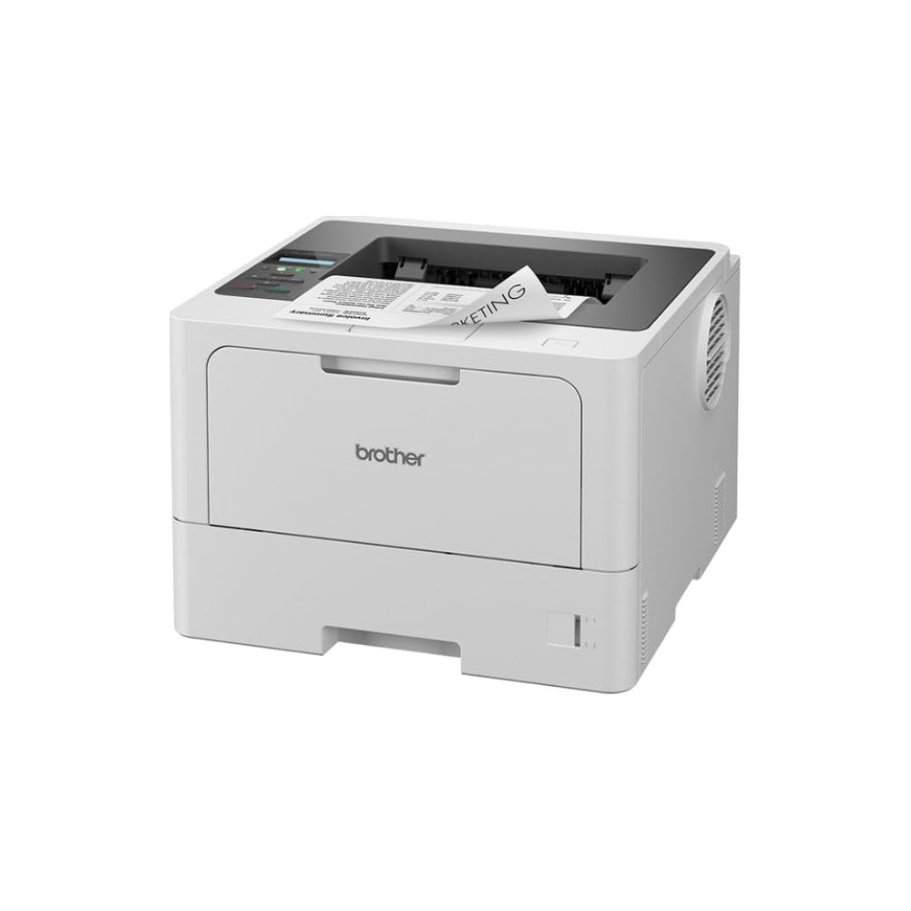 Une imprimante laser Brother blanche avec du papier sortant du bac de sortie.