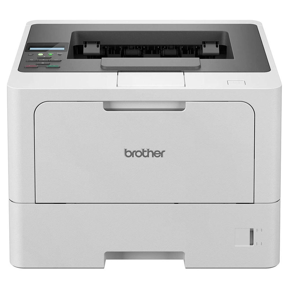 Une imprimante laser Brother blanche avec panneau de commande et bac de sortie papier.