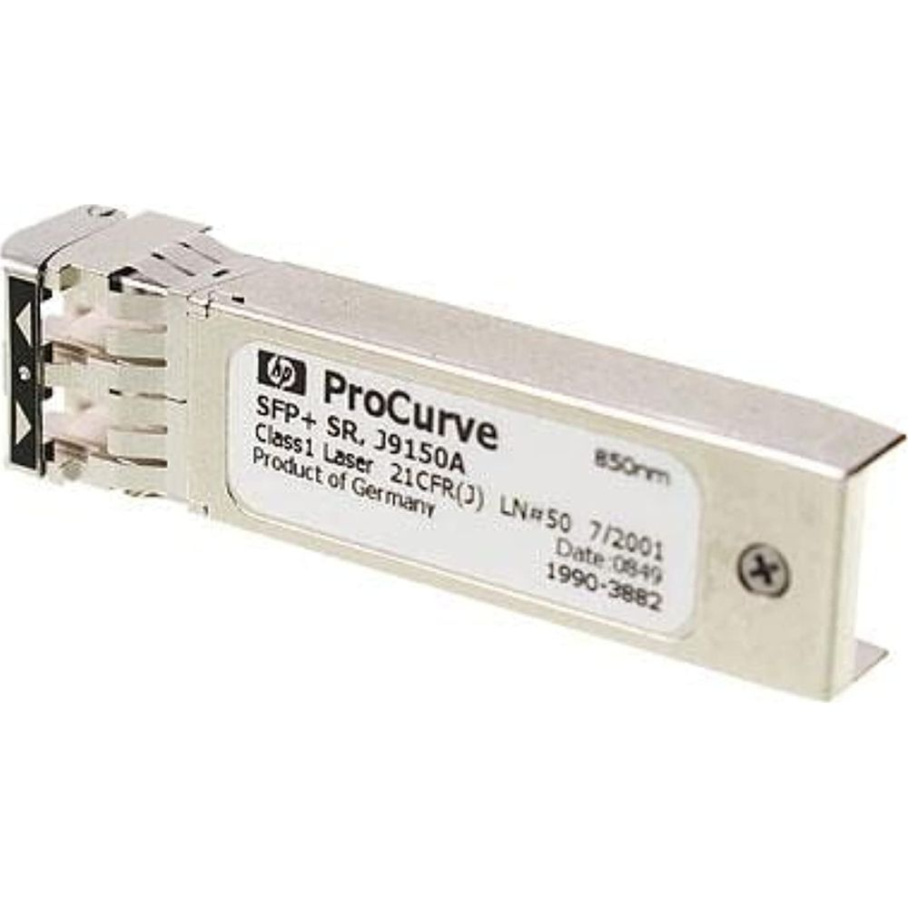 Un ricetrasmettitore argentato HP ProCurve SFP+ SR 39150A con etichetta.