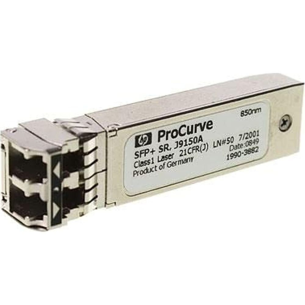 Un transceiver ProCurve SFP+ SR J9150A argentato con dettagli sull'etichetta.