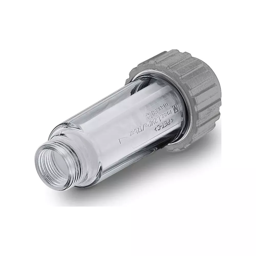 Przezroczysty filtr z szarymi złączami. Napis: PET-C, max. 1.2MPa/12bar, max. 60°C.