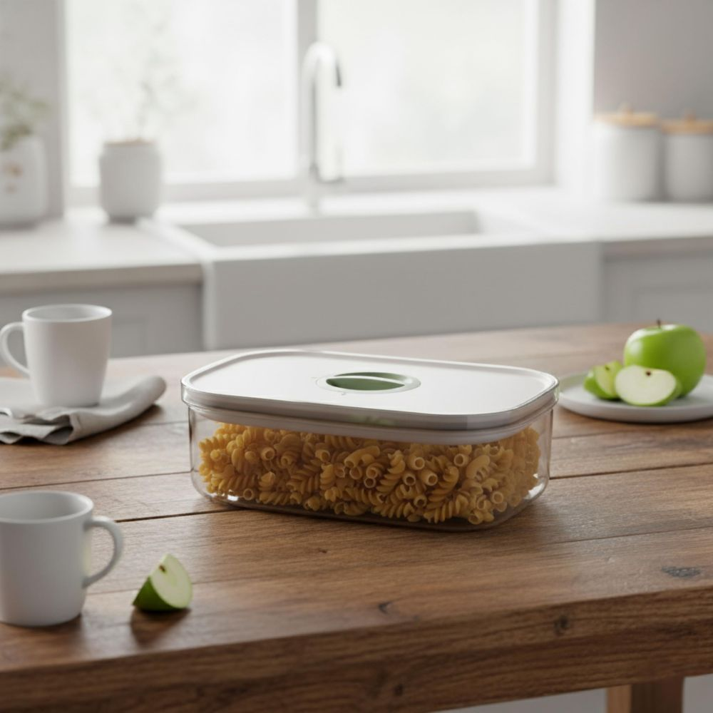 A rectangular container full of pasta sits on a wooden table.
