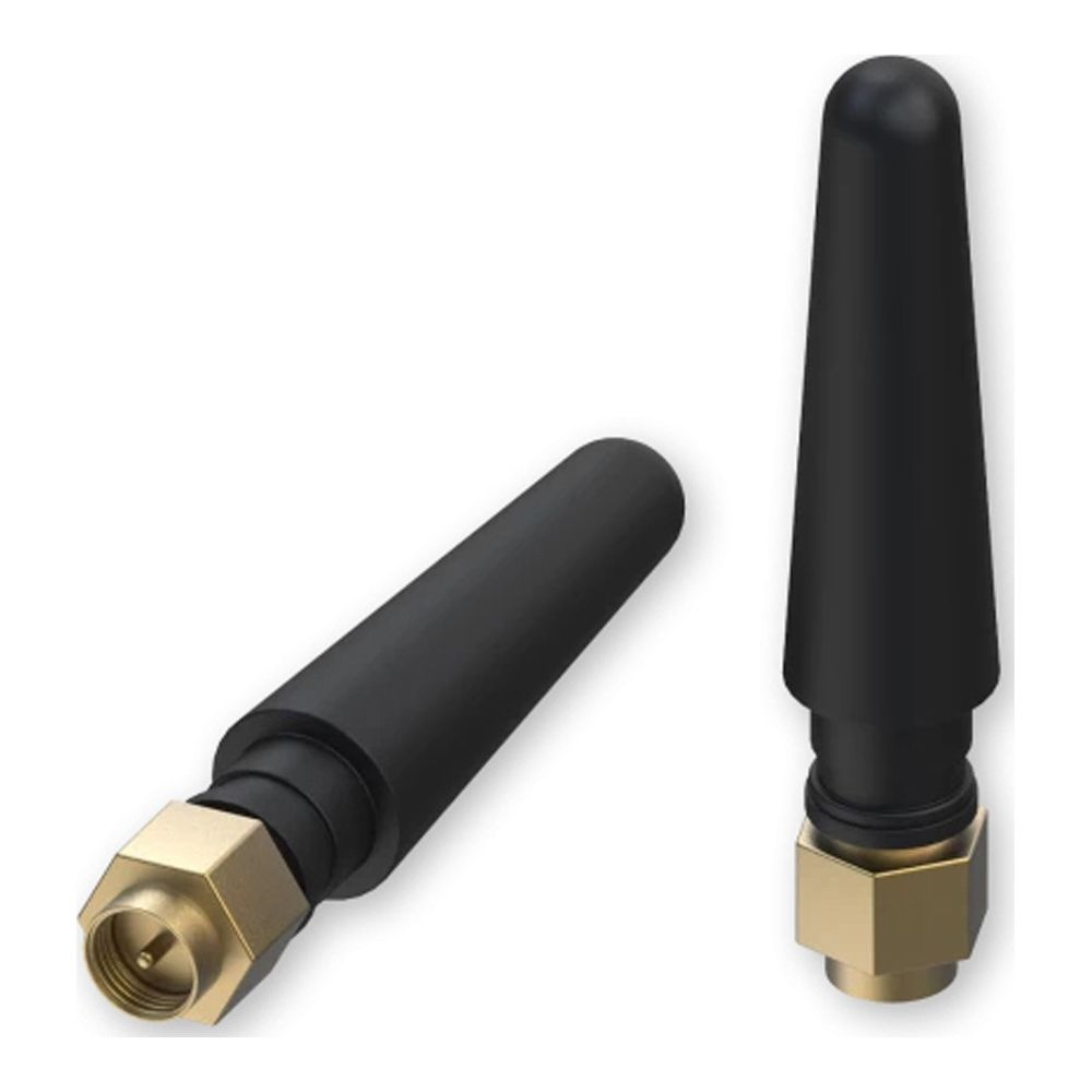 Dwie czarne anteny ze złotymi złączami na białym tle.