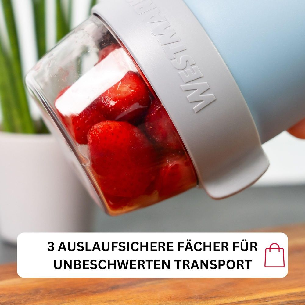 Ein Behälter mit Erdbeeren und der Aufschrift '3 auslaufsichere Fächer'.