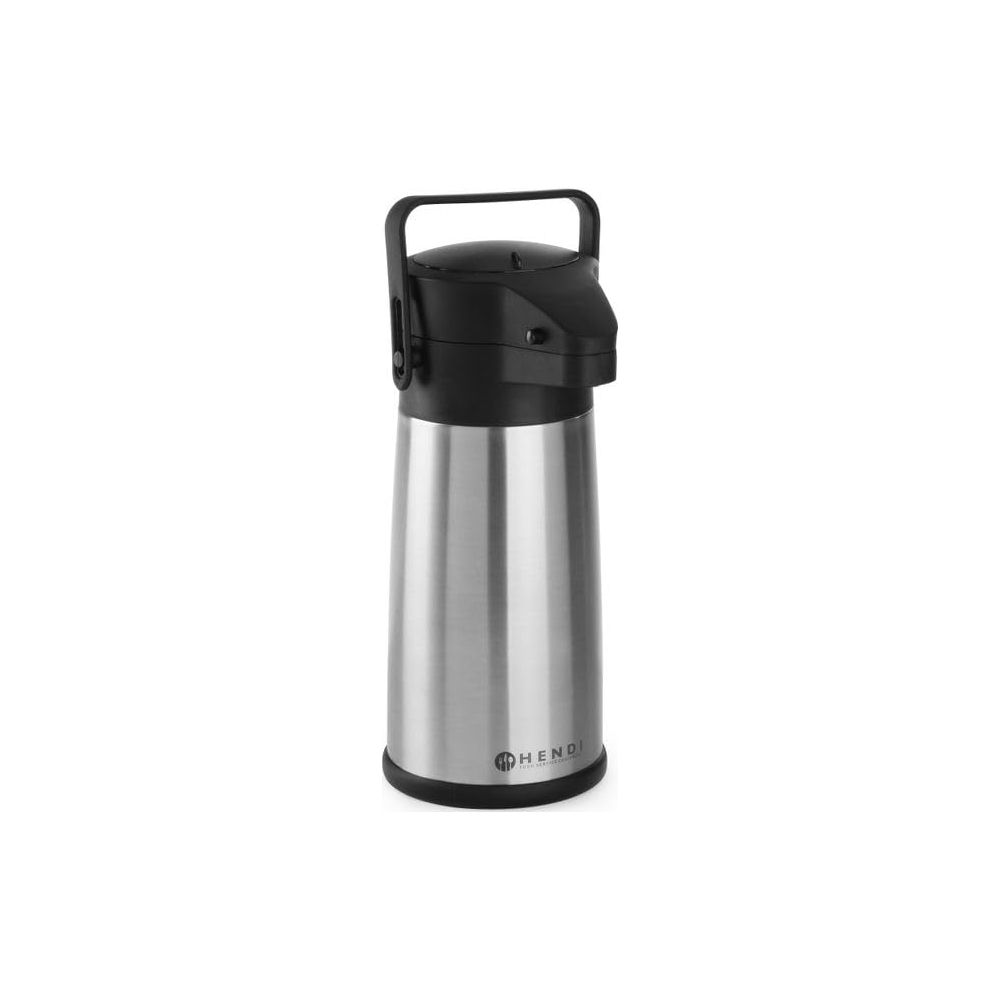 Un thermos argentato con coperchio e manico neri, su sfondo bianco.