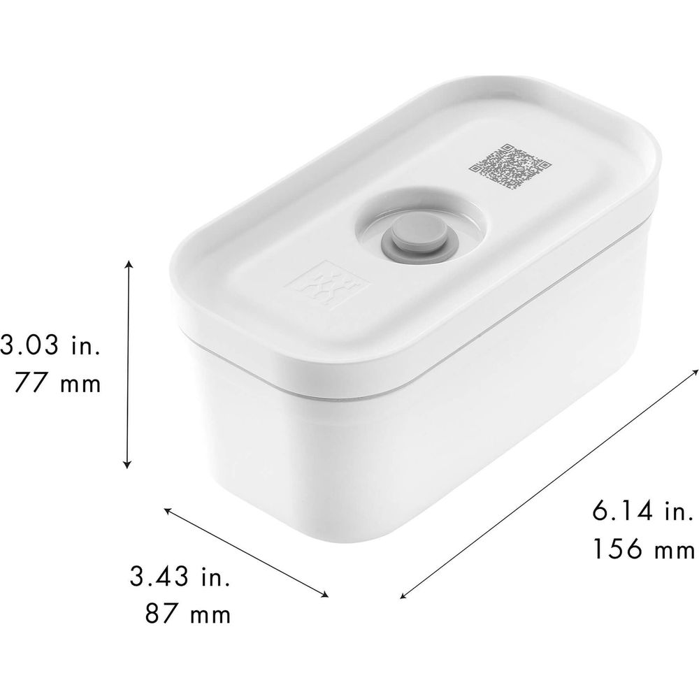 Contenedor blanco de 77x87x156mm, con código QR y logo.