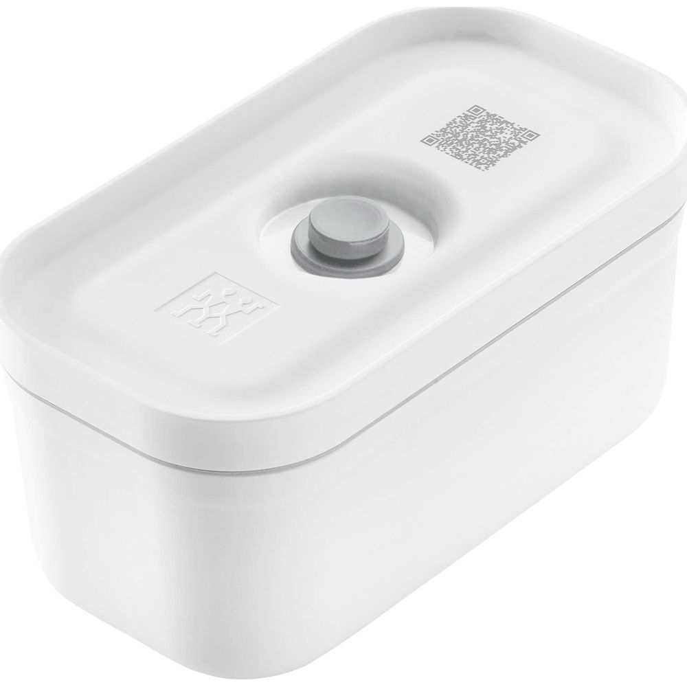 Contenedor de almacenamiento rectangular blanco con botón gris y código QR en la tapa.
