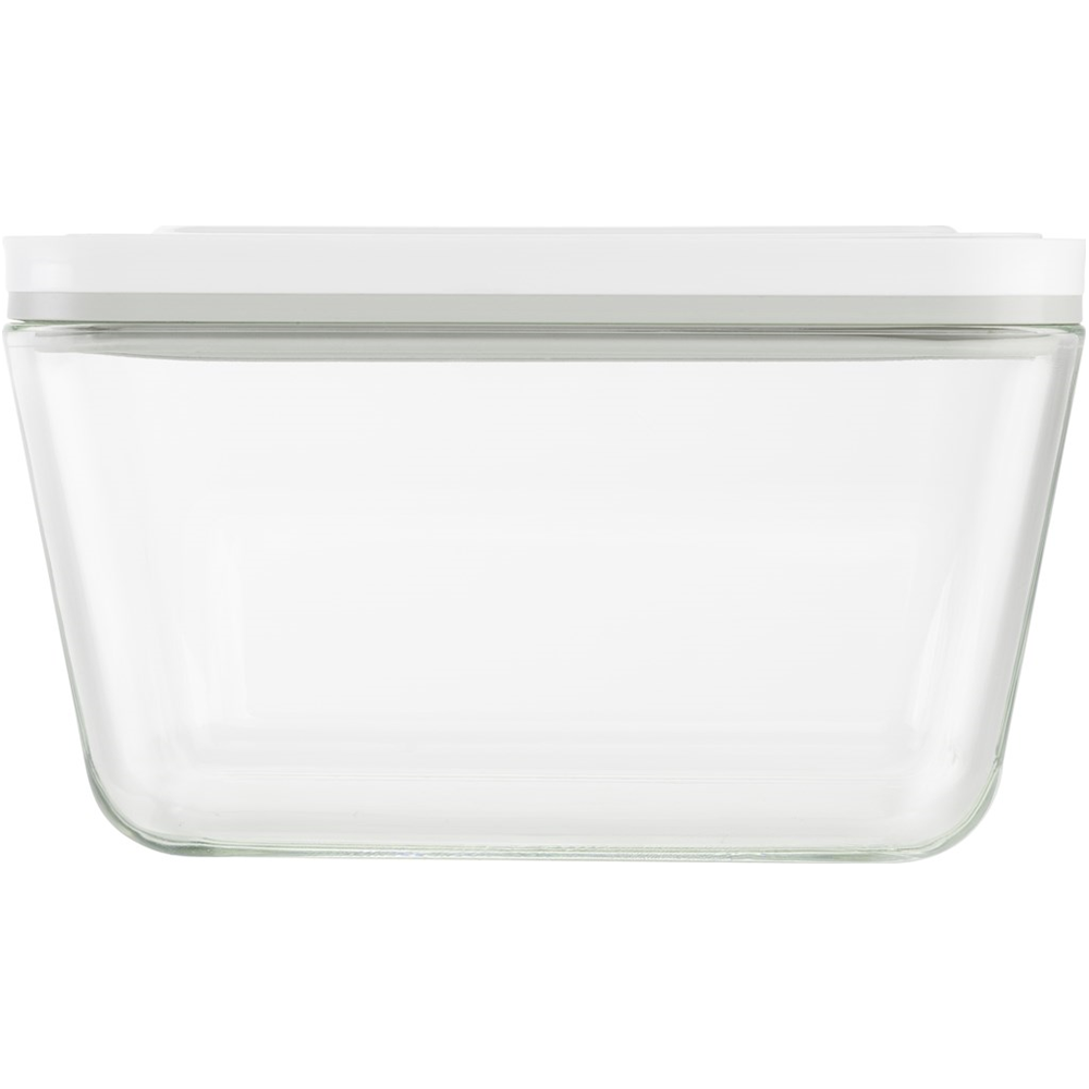 Contenedor rectangular de vidrio transparente con tapa blanca.
