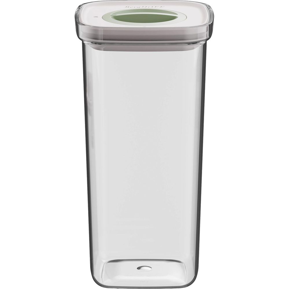 A tall, clear food storage container with a white lid and green insert.