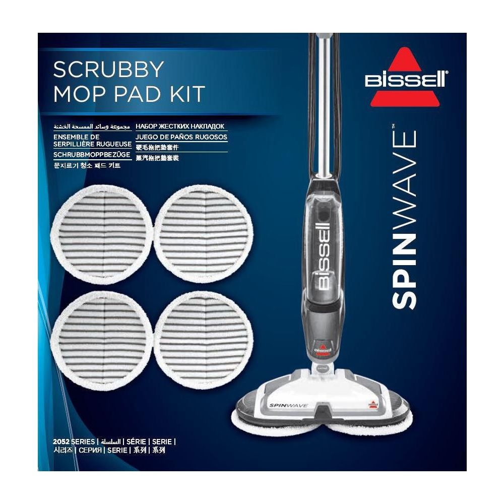 Bissell SpinWave Scrubby Mop Pad Kit mit vier runden Pads und einem Dampfmopp.