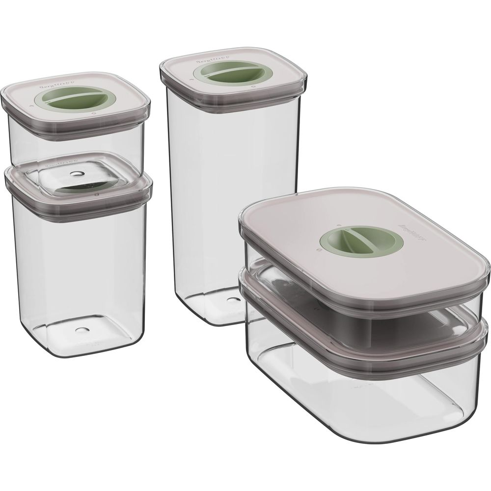 Four clear food storage containers with grey rims and green lids.