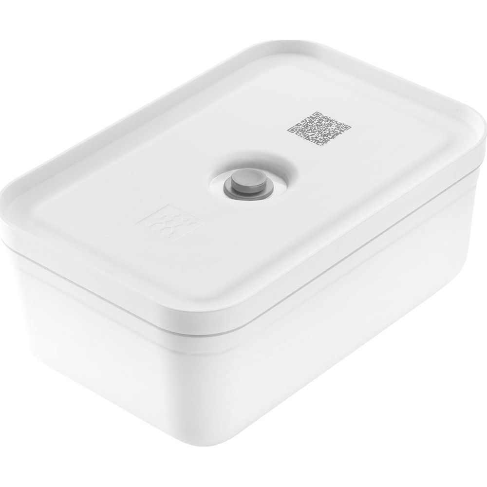 Contenitore bianco con pulsante grigio e codice QR sul coperchio.