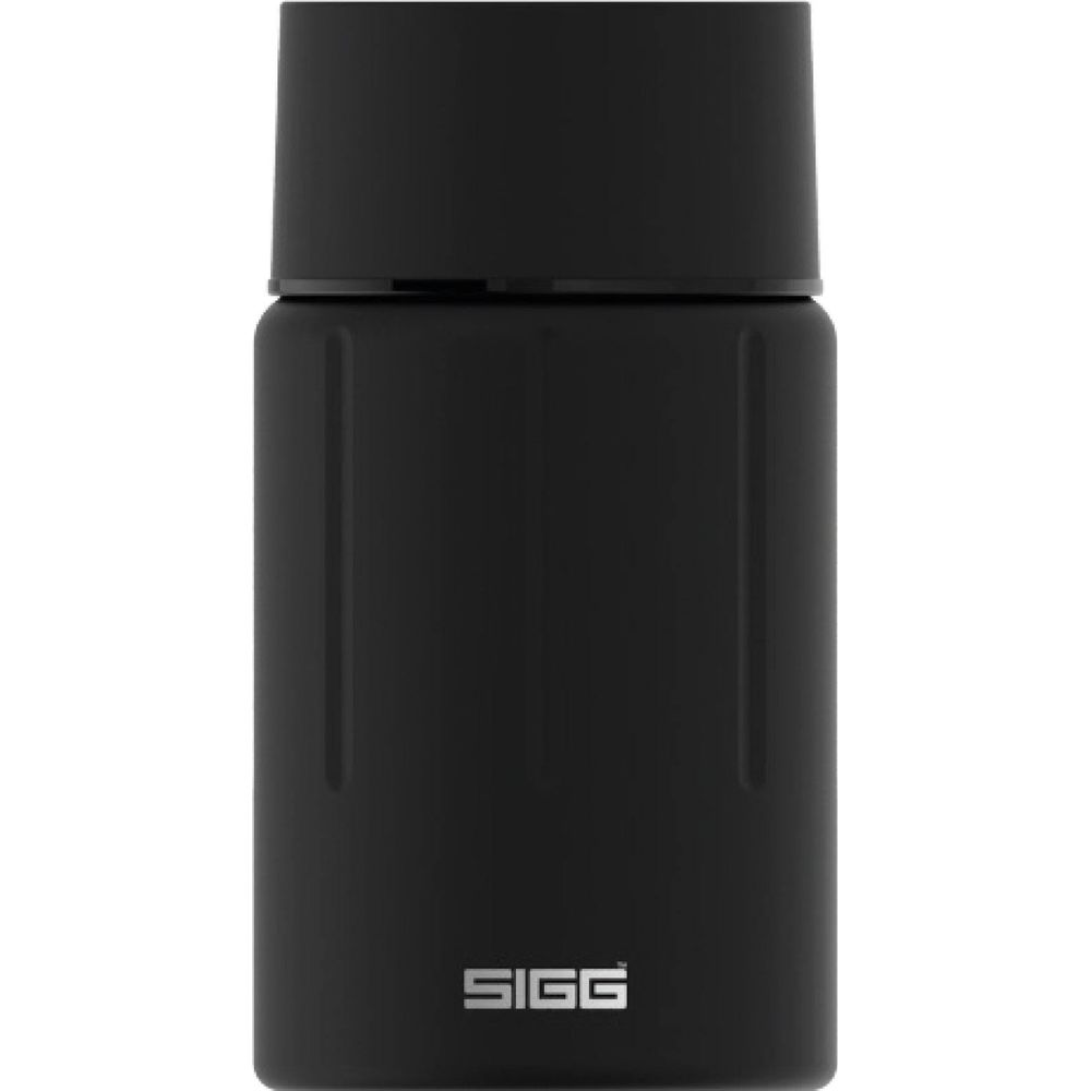 Schwarzer Behälter mit gerillter Oberfläche und weißem SIGG-Logo.