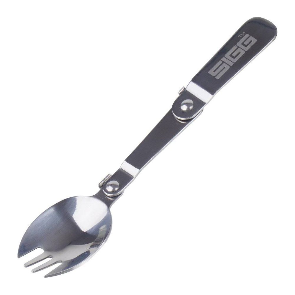 Ein glänzender, faltbarer Spork mit dem SIGG-Logo auf dem Griff. Er ist aus Metall.