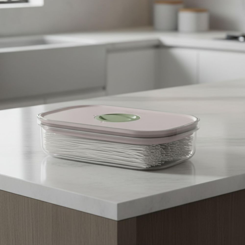 A rectangular container with a pink lid and green button, filled with white noodles.