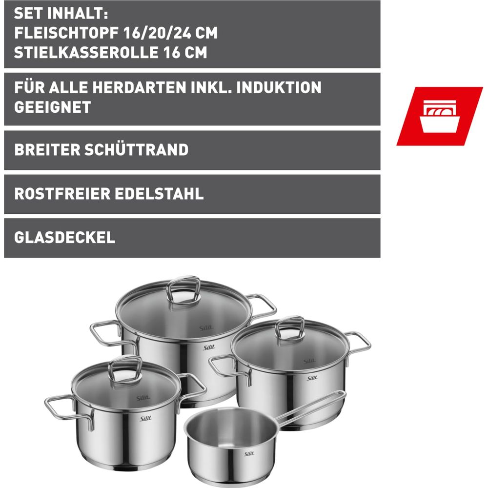 Ensemble de casseroles en acier inoxydable avec couvercles en verre.