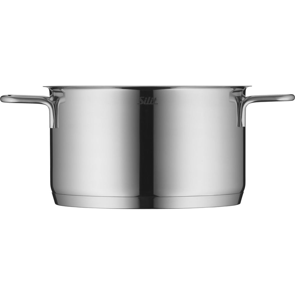 Une casserole en acier inoxydable brillante avec deux poignées et le logo Silit.