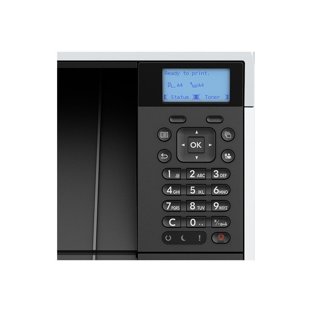 Wyświetlacz drukarki: "Gotowy do druku", rozmiar papieru A4, stan i toner.