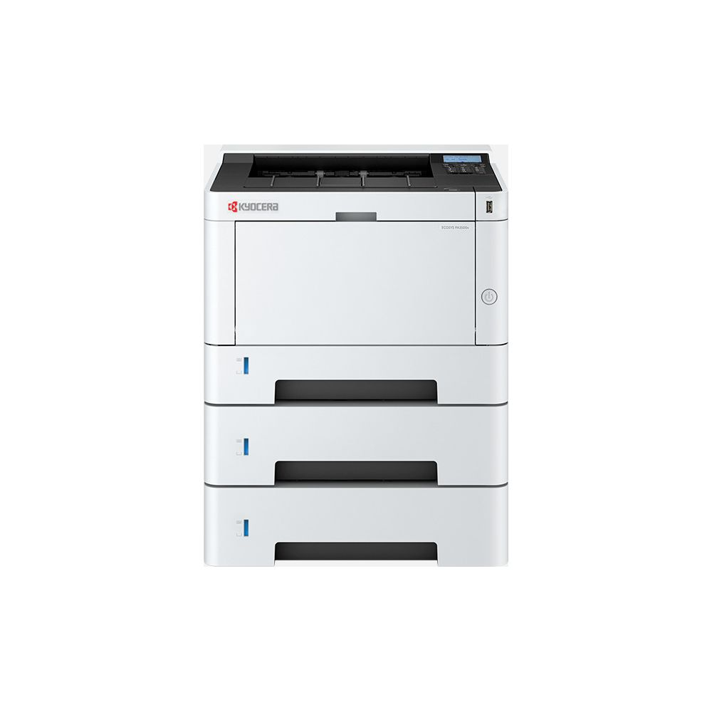Biała drukarka Kyocera z trzema podajnikami papieru i panelem sterowania.